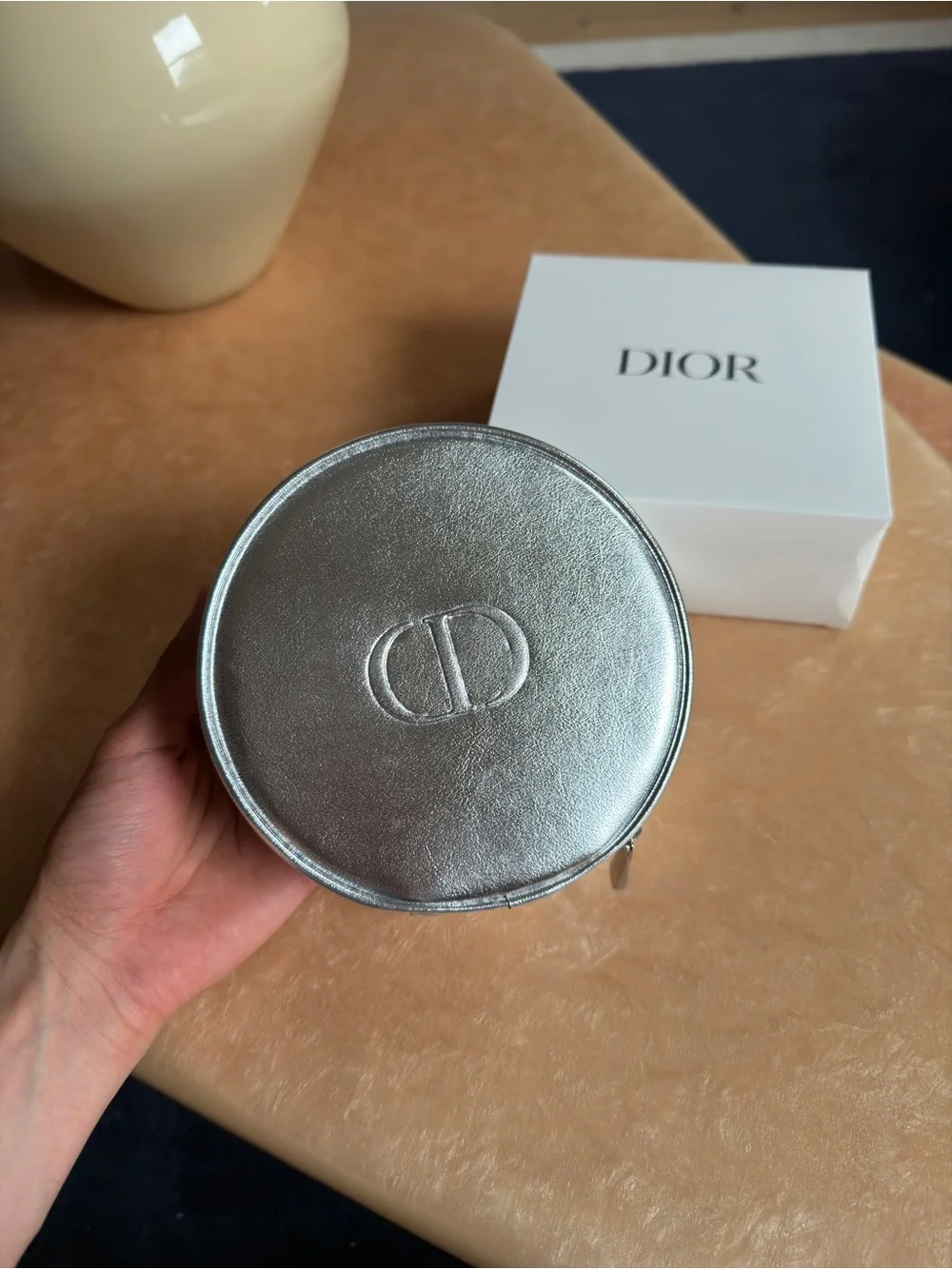 Dior Beauty Silver Round Embossed CD Makeup Case